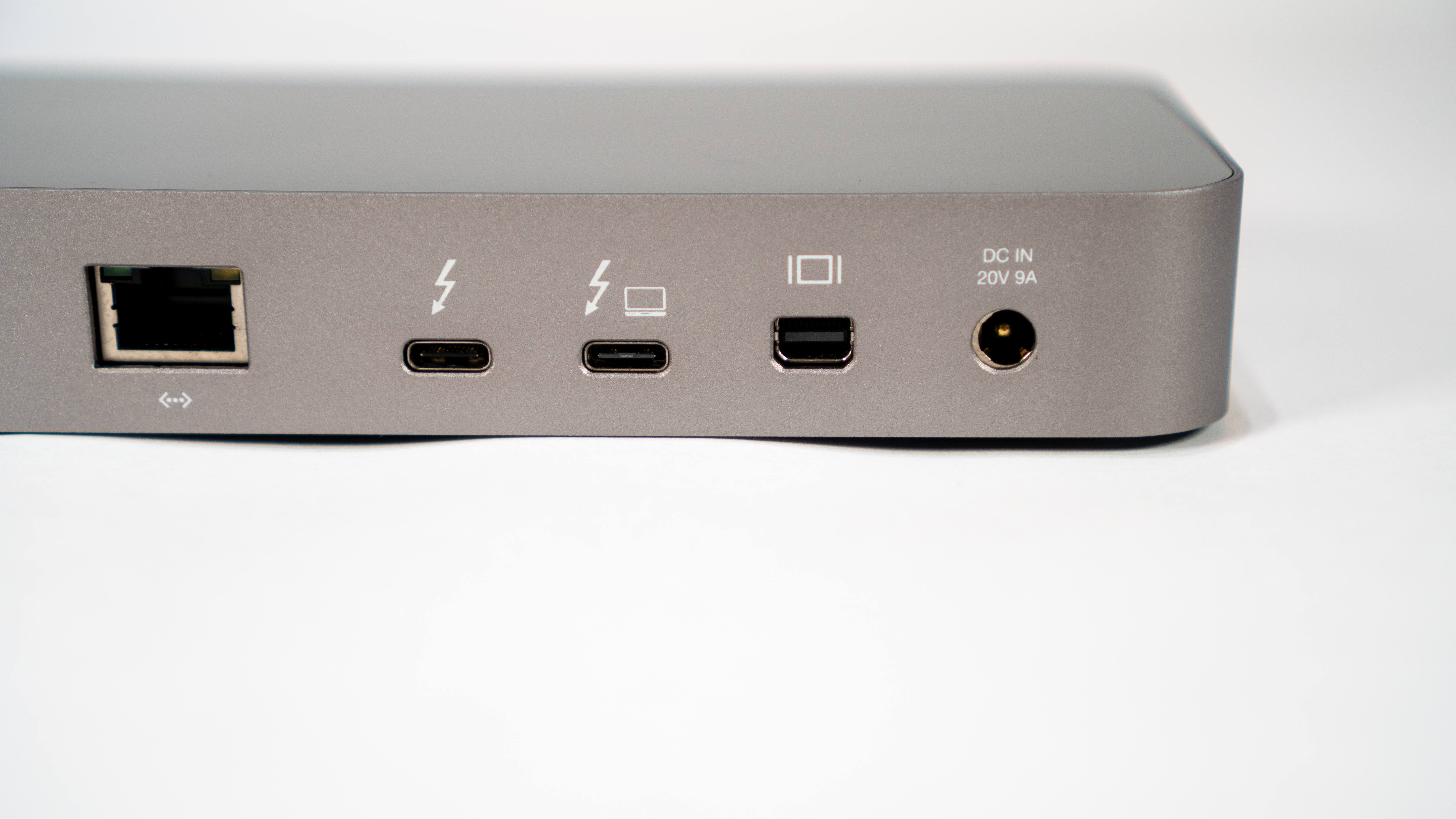 The other side of the dock features Ethernet, Thunderbolt 3 ports, Mini DisplayPort, and an input for the dock's power adapter.