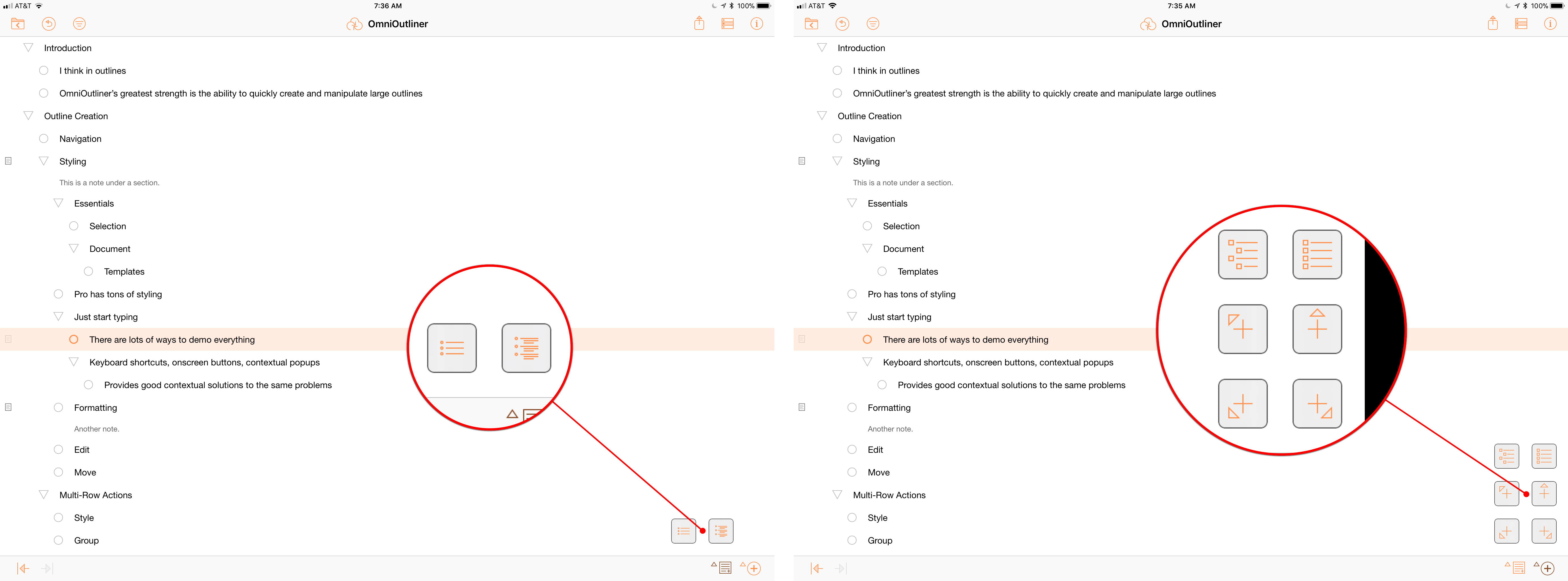 Showing and hiding outline notes with the Add Note button (left) and the six options available by long pressing the Add Row button (right).